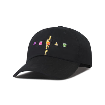 A black unstructured cap with a design featuring a golden statue and colorful squares on the front. Men's Women's Adult Unisex Size hat